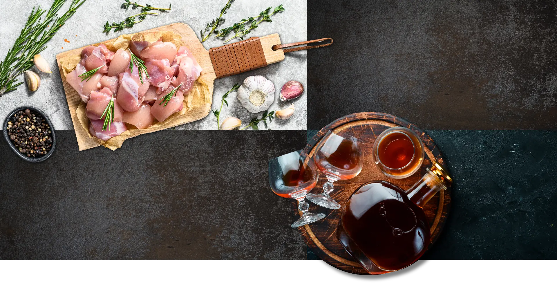 cut chicken and cognac on two separate cutting boards